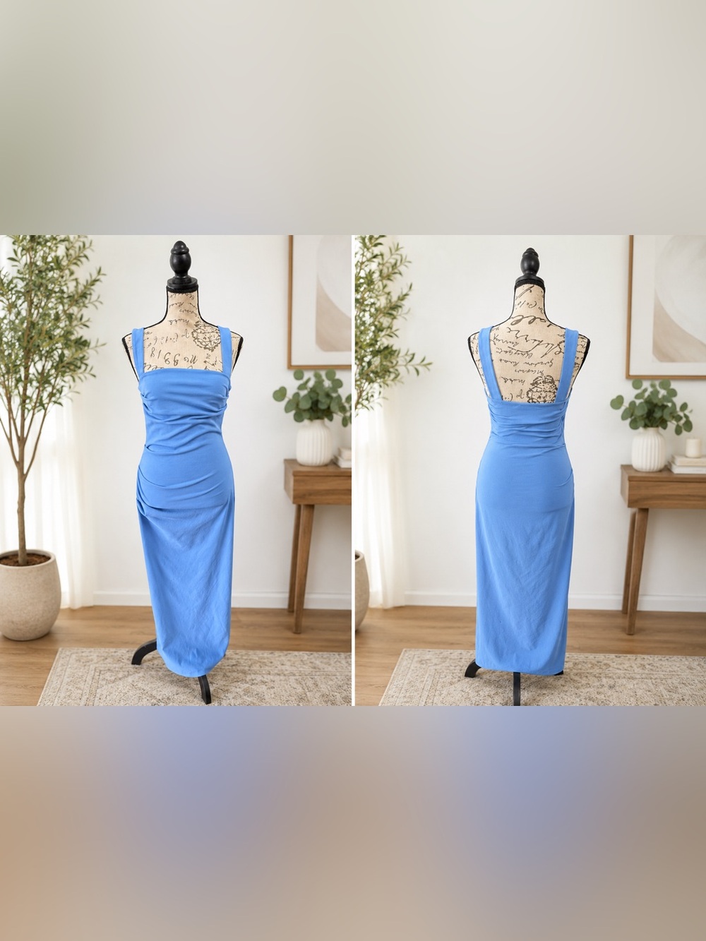 Zara Cornflower Blue Ruched Side-Slit Bodycon Midi Dress Medium 💙✨